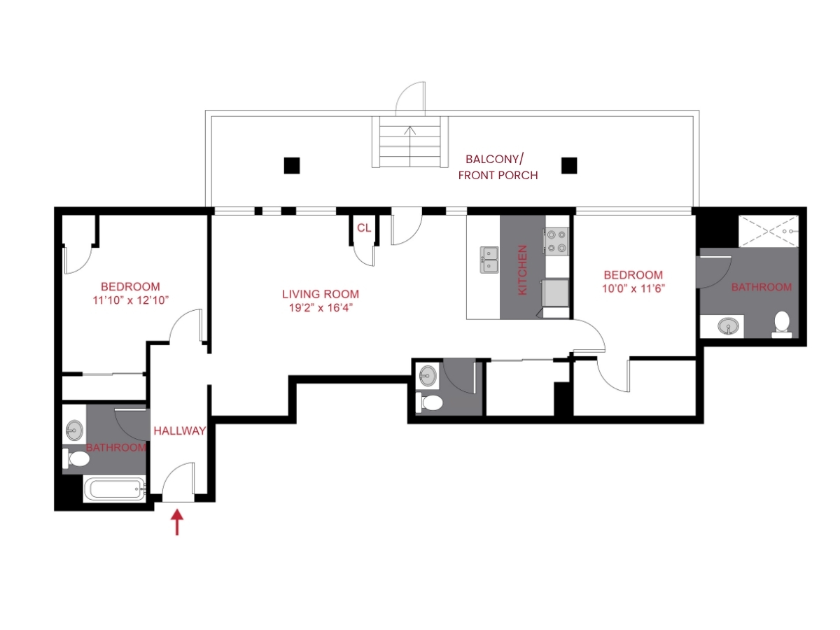 Floor plan for 2 beds, 2.5 baths, 866 sqft